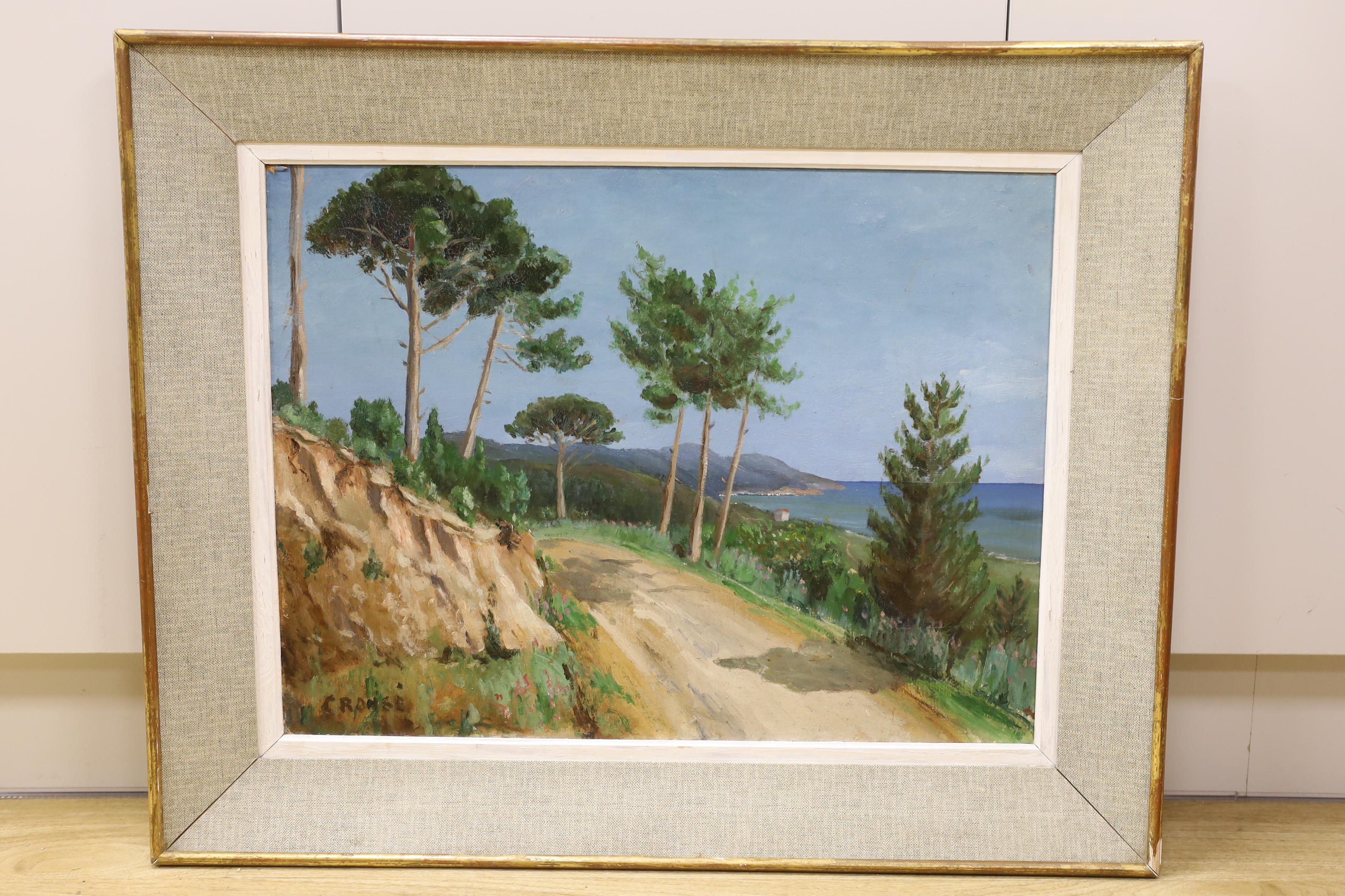 F Croise, Impressionist oil on board, Cote d'Azure, signed, various details verso, 45 x 60cm